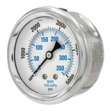 Engineered Specialty Products, Inc Pic Gauges 2 1/2" Pressure Gauge, Liquid Filled, 5000 PSI, SS Case, Center Back Mount, PRO-202L-254R PRO-202L-254R